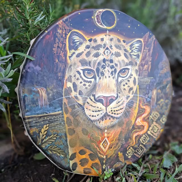 Obra original de Chasqui con jaguar y luna
